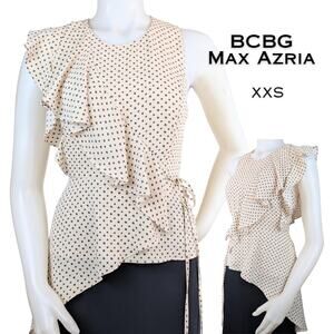 BCBG Max Azria Blouse XXS Cream Black Polka Dot Asymmetrical Ruffle Tie Waist